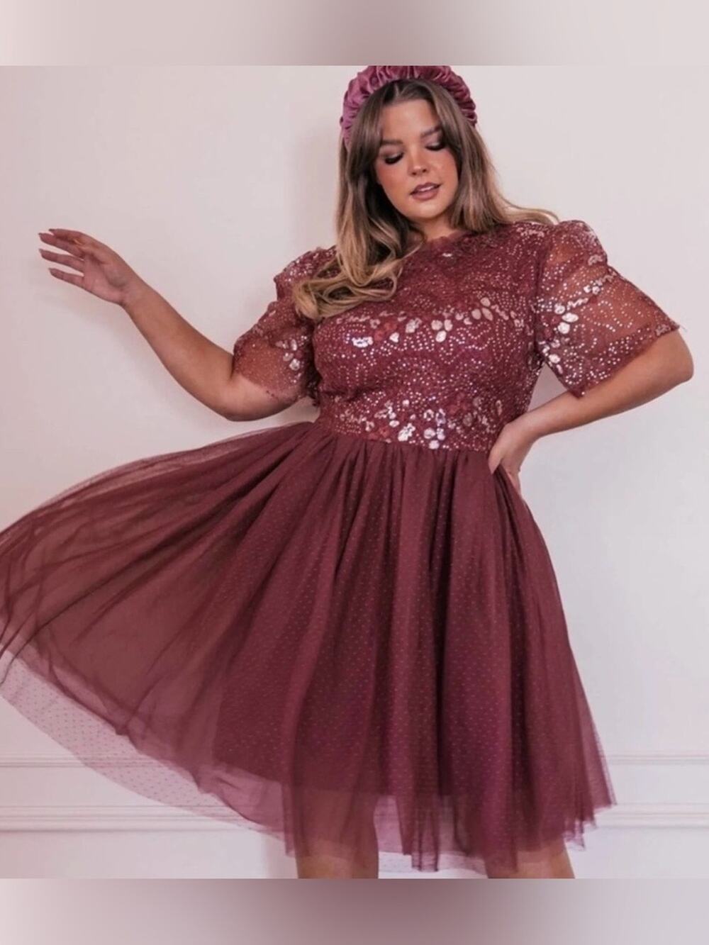 Jessakae Plum Memory Lane Sequin Embroidered Dress Tulle Skirt Size XL